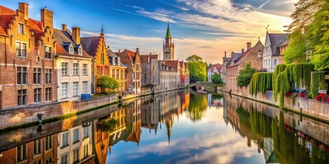 Fototapeta premium Classic view of channels in Bruges, Belgium, Bruges, Belgium, channels, waterway, architecture, buildings, historic, medieval