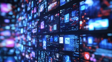 Obraz premium Numerous screens showcase different social media interfaces, creating a dynamic digital environment in a contemporary workspace. Generative AI