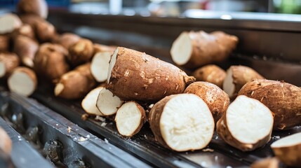 Freshly Cut Cassava Roots on Processing Line in a Modern Agricultural Facility, Showing Natural Textures and Organic Design Elements for Food Photography