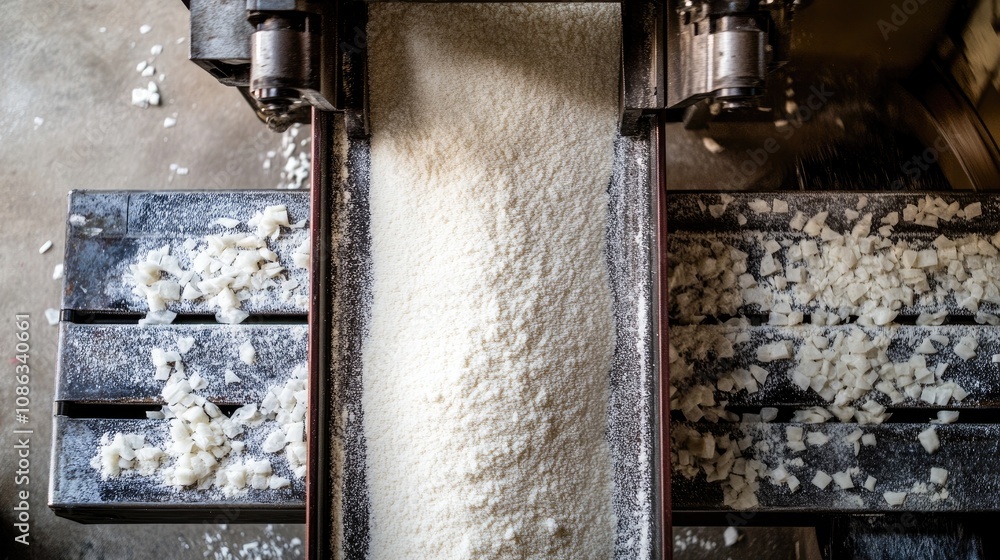 Poster industrial processing of raw material in a factory setting depicting machinery and granular substanc