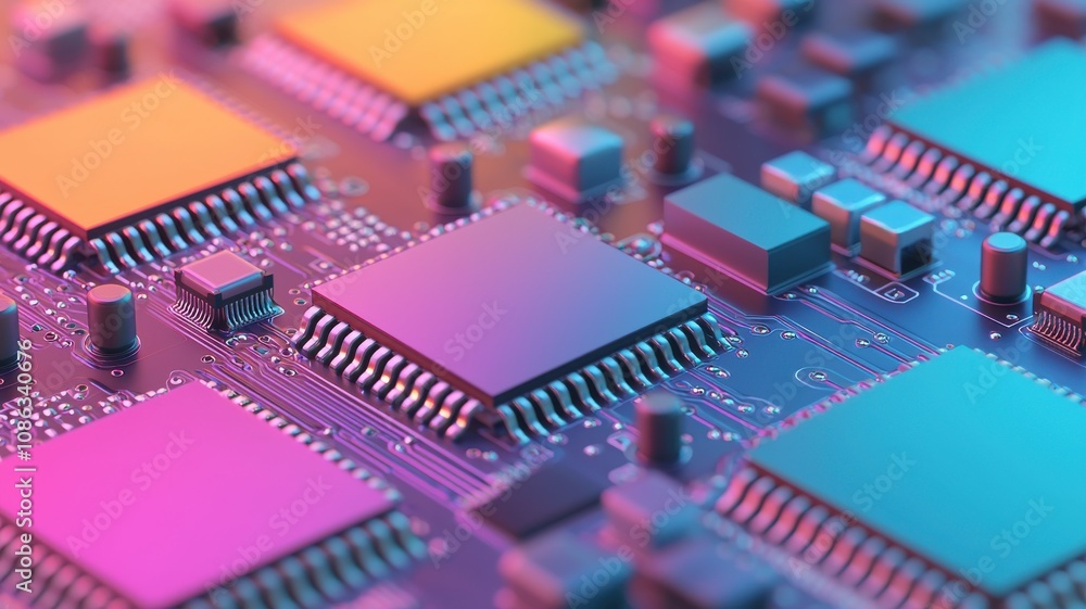 Poster a close-up view of colorful microchips on a circuit board, highlighting intricate connections and mo