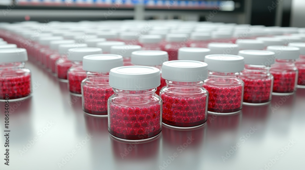 Aufkleber modern laboratory setting with rows of transparent jars containing red beads on a reflective surface