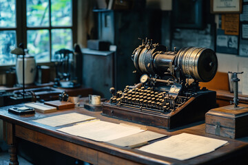 Historical communication office with telegraph machine.