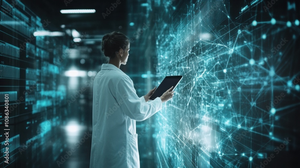 Aufkleber a doctor in a white coat uses a tablet to analyze complex data displayed on a holographic interface 
