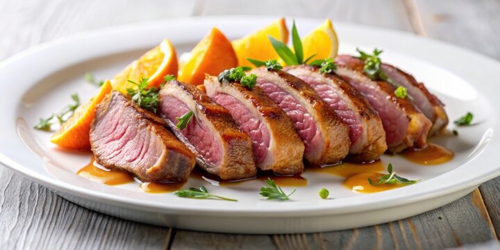 Delicious magret de canard ? l'orange on a white plate, gourmet, French cuisine, duck breast