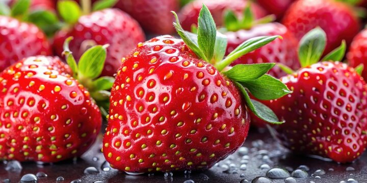 Close-up of fresh, ripe strawberries with droplets of water, ripe, red, fruit, delicious, juicy, healthy, organic, snack