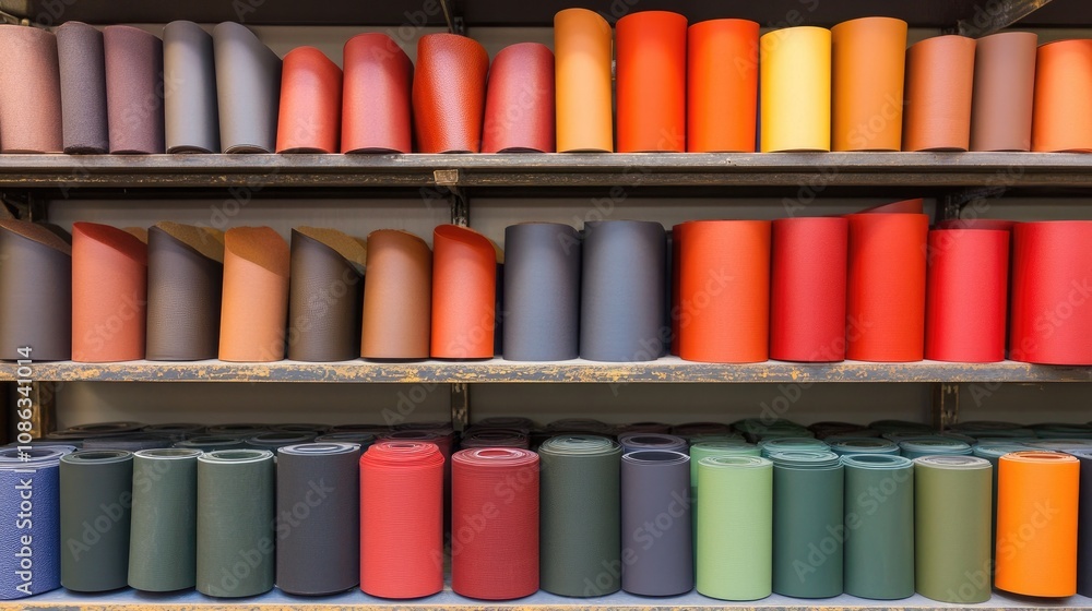 Poster vivid array of rolled textiles displayed on shelves in a crafting studio, showcasing a spectrum of c