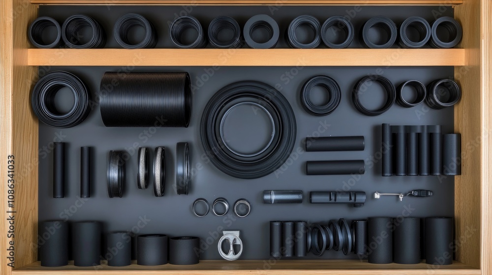 Poster organized collection of black plastic components displayed neatly on gray background in wooden drawe