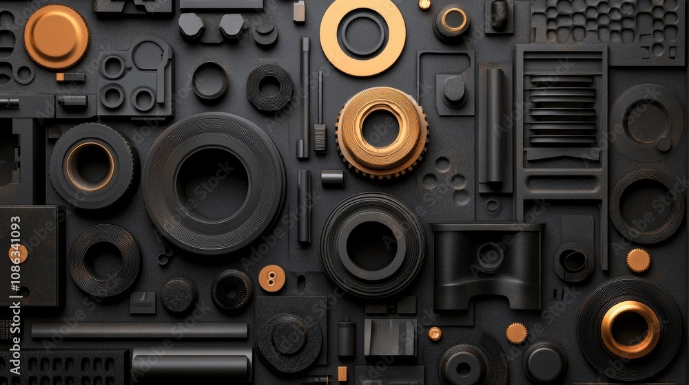 Aufkleber abstract composition of geometric shapes and textures in black and gold colors, creating a modern an