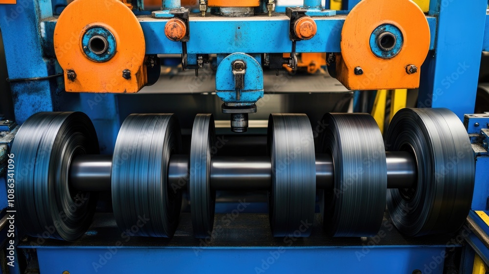 Poster industrial machinery in action: close-up of a metal processing machine with rotating parts and vibra