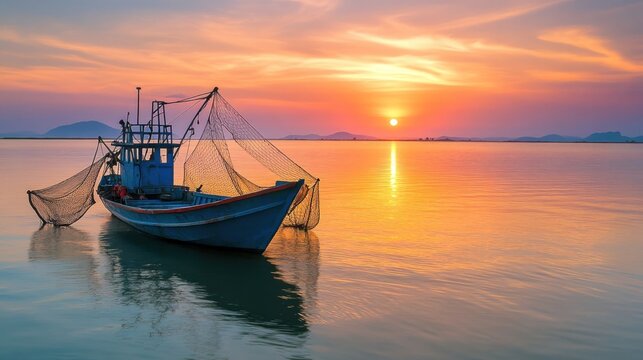 small fishing boat gliding on the calm ocean, nets cast widely, solitary fisherman, sunset, realistic