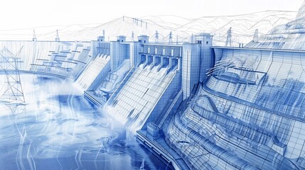 Fototapeta premium Detailed engineering design of a contemporary dam showcasing sustainable innovations and cutting-edge technology