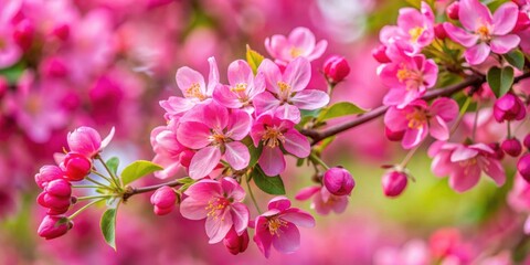 Obraz premium Close up image of a vibrant pink Asian wild crabapple tree blossom, spring, nature, bloom, petals, intricate, delicate