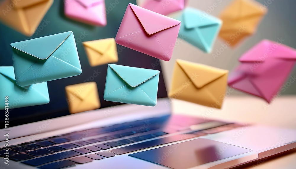 Poster a colorful array of envelopes floats above a laptop, symbolizing digital communication and the excha