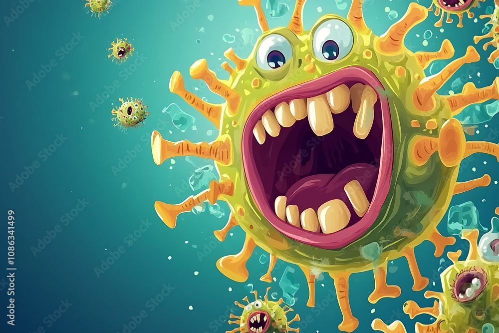 Poster cartoonish depiction of playful viruses with exaggerated features and expressions.