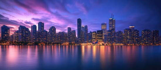 Fototapeta premium A city skyline with tall skyscrapers reflecting on the water.