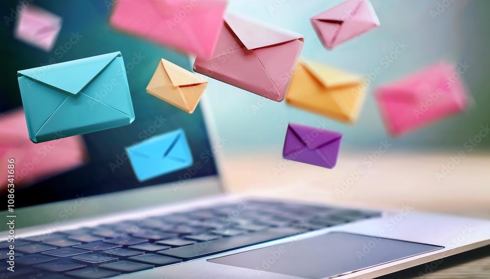 Aufkleber a colorful display of envelopes floating above a laptop, symbolizing digital communication and email