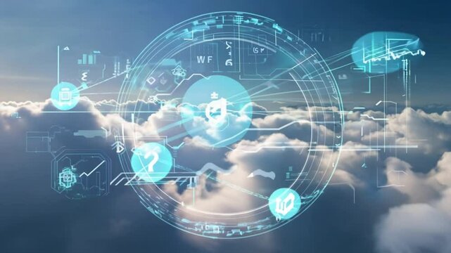  A background that merges soft, white clouds with overlays of digital symbols and binary code in transparent layers, symbolizing cloud computing and connectivity.