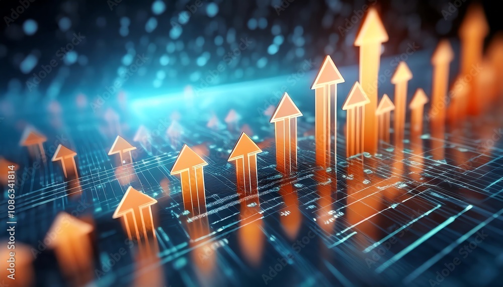 Poster a digital representation of growth, featuring upward arrows against a tech-inspired background, symb