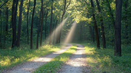 Obraz premium Serene Sunlight Streaming Through Trees in a Lush Green Forest Pathway Surrounded by Vibrant Nature and Gentle Breezes for Peaceful Outdoors Experience