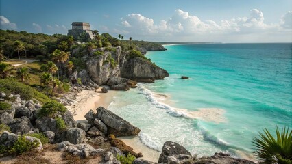 Obraz premium A scenic view of the Pacific coast in Tulum with rocky cliffs and crystal-clear waters, pacific coastline, rock formations by the sea, scenic views