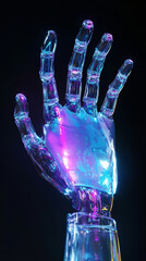 Naklejka premium 3D close-up robot hand reaching out and invite pose holographic blue purple isolated on black background. glowing cyborg bionic palm futuristic cyberpunk technology wallpaper poster