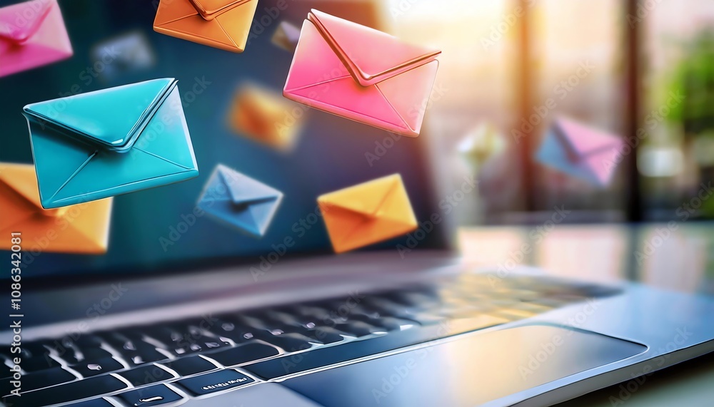 Poster a vibrant display of colorful envelopes floating above a laptop, symbolizing digital communication a