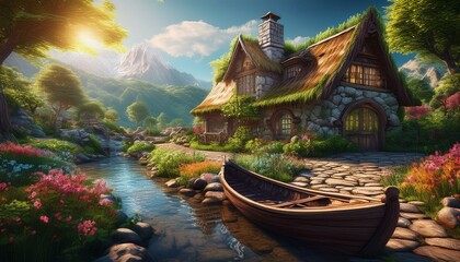Obraz premium small village and there is wooden hut, there is wooden boat and small river