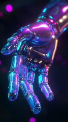 3D close-up robot hand reaching out and invite pose holographic blue purple isolated on black background. glowing cyborg bionic palm futuristic cyberpunk technology wallpaper poster