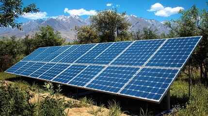 Solar panels installed in a verdant landscape with majestic mountains in the background under a bright blue sky, showcasing the power of renewable energy in nature.