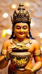 Golden God of Wealth with Glittering Jar of Coins in Opulent Setting