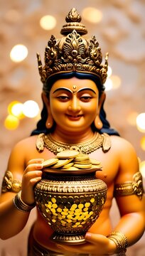 Golden God of Wealth with Glittering Jar of Coins in Opulent Setting