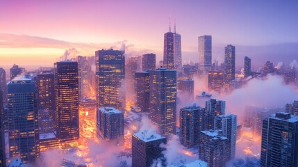 Obraz premium Skyline of a snowy metropolis at dusk, city lights glowing through a soft winter mist