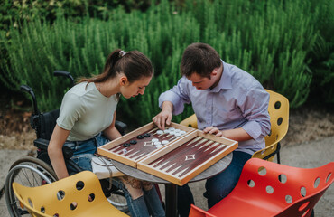 A boy with Down syndrome and a girl in a wheelchair engage in a fun game of backgammon together in...