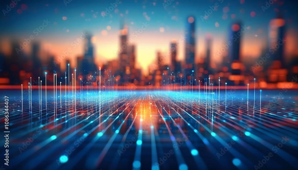 Poster a futuristic city skyline illuminated by vibrant lights and visualized data patterns, creating an ab