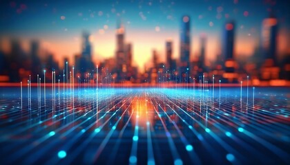Fototapeta premium A futuristic city skyline illuminated by vibrant lights and visualized data patterns, creating an abstract digital landscape.