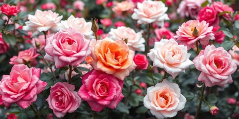 Naklejka premium Blooming watercolor roses in a lush garden, serene atmosphere, soft brushstrokes