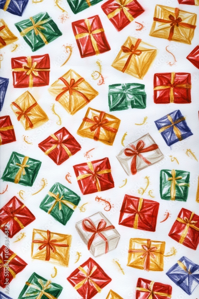 Poster a vibrant array of colorful presents scattered against a pristine white background, evoking the joy 