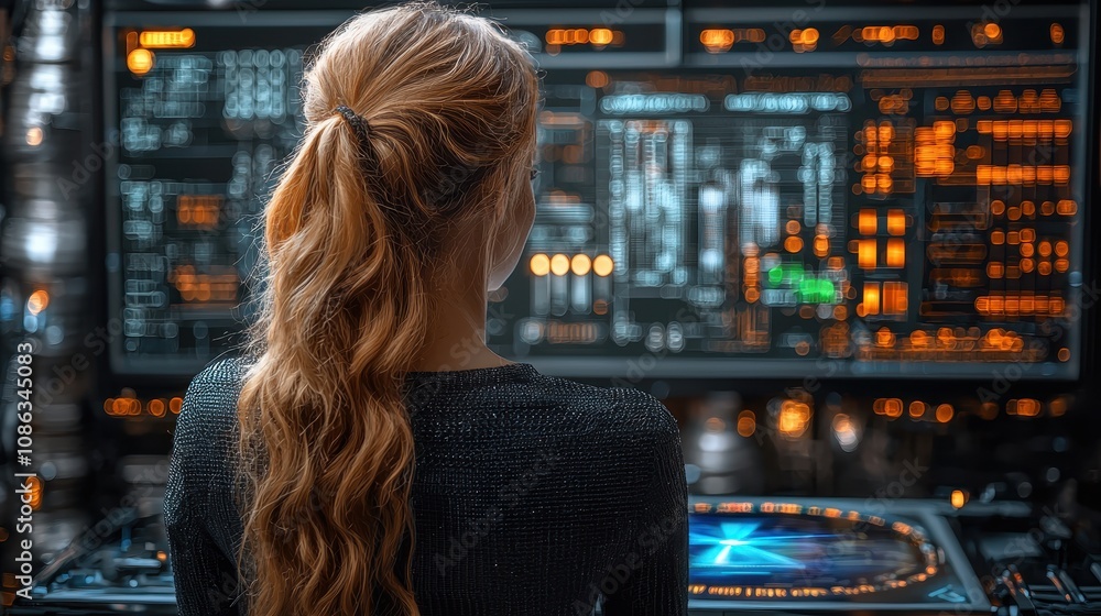 Aufkleber woman with long hair working on futuristic control panel with glowing screens displaying complex dat