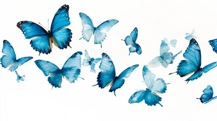 Many blue butterflies flying in air on white background