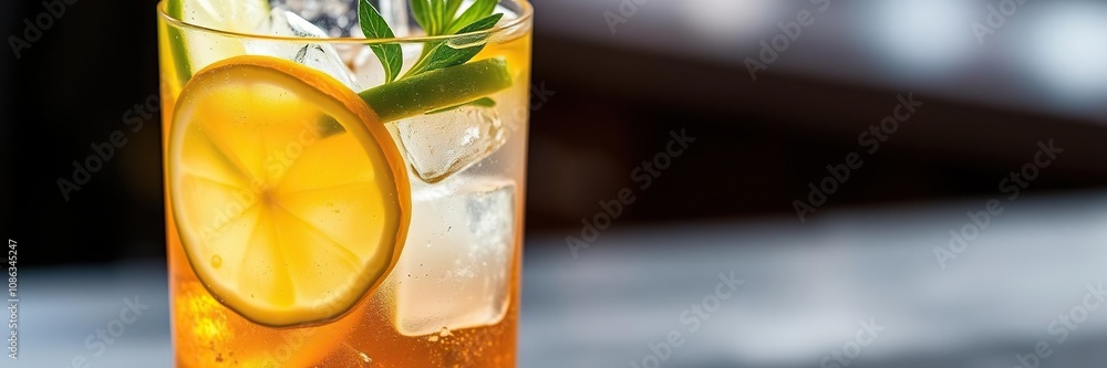 Poster bourbon infused with cucumber and lime slices served over ice in a tall clear glass with a slice of 