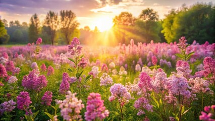 Idyllic summer meadow with pink wildflowers and blossoming lilac bushes under morning sunlight