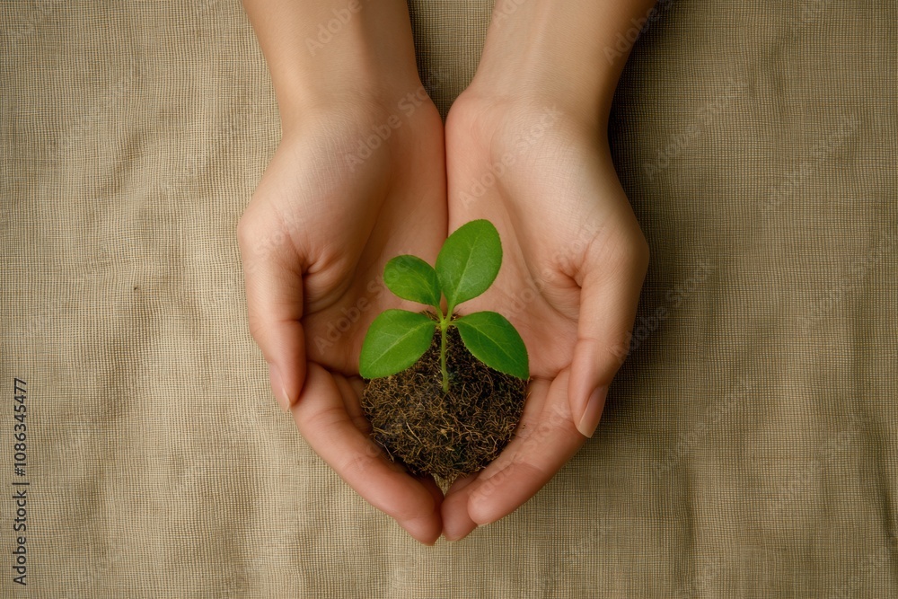 Poster gentle hands cradle a small seedling rooted in rich soil, symbolizing care and commitment to nurturi