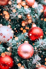 A festive Christmas tree adorned with vibrant red and white ornaments, sparkling lights and a cheerful atmosphere, evoking holiday joy and warmth.