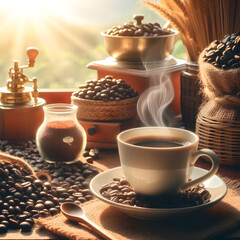 Obraz premium coffee bean and a cup of black coffee with nice and warming sunlight in the morning