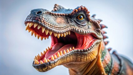 Fototapeta premium Close up of toy dinosaur showing teeth, toy, dinosaur, close up, teeth, open, mouth, plastic, figure, detail, prehistoric