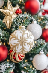 Fototapeta premium A beautifully decorated Christmas tree adorned with colorful ornaments and a glowing star atop, radiating festive cheer and warmth in a cozy setting.