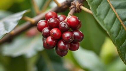 Close-up of a single coffee berry being plucked from the tree, coffee berries, nature photography