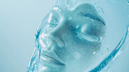3D sample for water gel face mask cleanser with glitter fashion shiny futuristic background. poster for skin care applying procedure cosmetology cosmetic beauty spa salon relaxing blue silver post