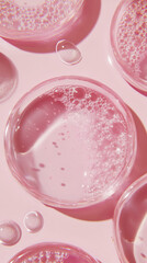 3D abstract bubbles spheres macro delicate cosmetic beauty liquid fashion shimmering pink white background. for spa salon skincare product glossy wallpaper